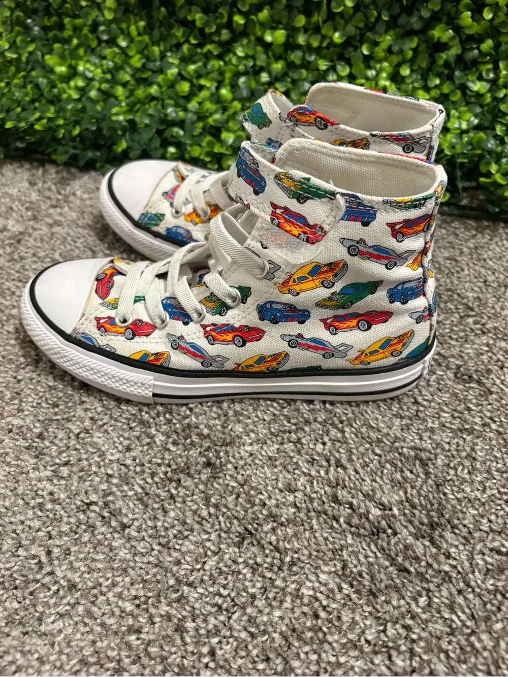 Kids White High-Top Sneakers with Colorful Car Print
